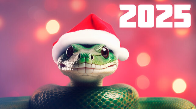 Happy New Year 2025. Snake in santa claus hat on light pink background, christmas bokeh background