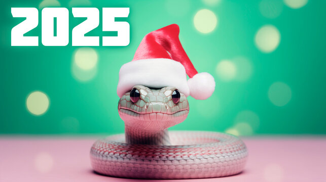 Happy New Year 2025. Snake in santa claus hat on light pink background, christmas bokeh background