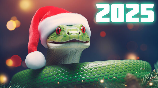 Happy New Year 2025. Snake in santa claus hat on light pink background, christmas bokeh background