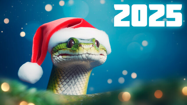 Happy New Year 2025. Snake in santa claus hat on light pink background, christmas bokeh background