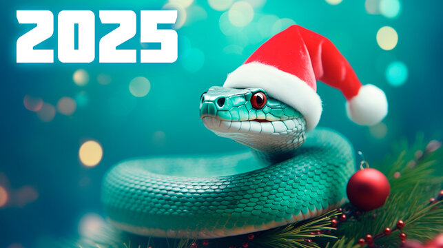 Happy New Year 2025. Snake in santa claus hat on light pink background, christmas bokeh background