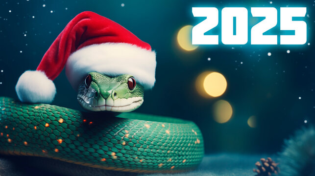 Happy New Year 2025. Snake in santa claus hat on light pink background, christmas bokeh background