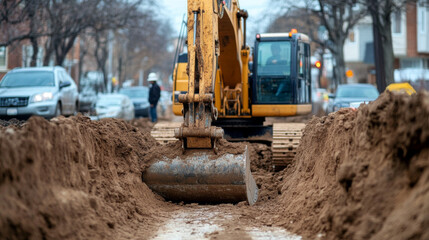 Fototapeta premium A crawler excavator digging a trench at a road construction site