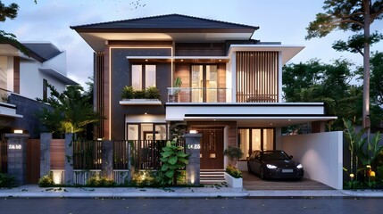Fototapeta premium Modern Two Story House with Garage and Front Yard
