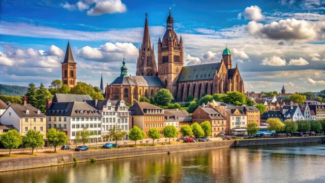 Cityscape of Worms along the Rhine River with the famous cathedral in the background, Worms, Rhein, Stadtpanorama, Dom