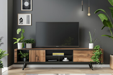 Mockup a cabinet TV wall mounted with decoration. Generative Ai.