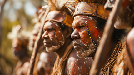 photograph of Australian Aboriginal hunters  with traditional face paint and ceremonial attire, captured in a natural setting, styled like a National Geographic magazine feature on indigenous cultures