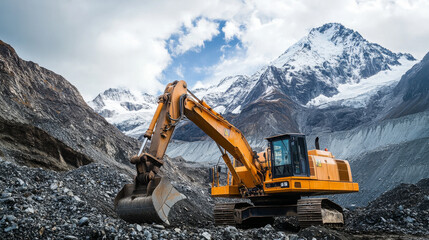 Excavator operating in a quarry with mountains of rock in the background