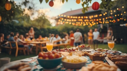 Joyous Family Gathering: Lavish Backyard Barbecue Celebration with Friends, Delicious Food, and Festive Decorations