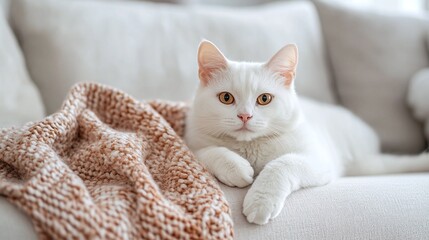 Obraz premium heartwarming image of cute white cat resting peacefully in bright and cozy living room at home