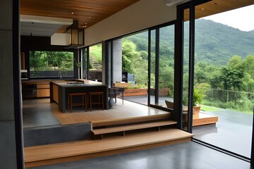 Fototapeta premium Modern Kitchen with Large Glass Doors and Mountain View
