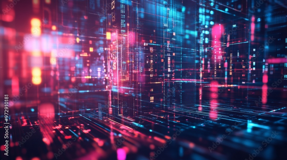 Fototapete Complex data streams in an abstract environment, glowing circuits and geometric patterns forming a high-tech digital backdrop,