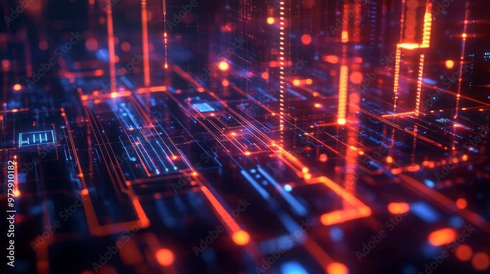Aufkleber Digital circuits and data points in an abstract web, glowing lines and geometric shapes forming a vibrant high-tech background, futuristic atmosphere