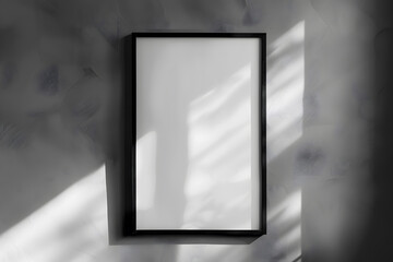 Mockup black frame photo on wall with shadow. Mock up artwork picture framed. Vertical boarder. Empty board a4 photoframe. Generative Ai.