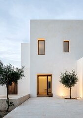 Naklejka premium Minimalist White House With Olive Trees And Patio