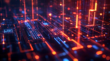 Obraz premium Digital circuits and data points in an abstract web, glowing lines and geometric shapes forming a vibrant high-tech background, futuristic atmosphere