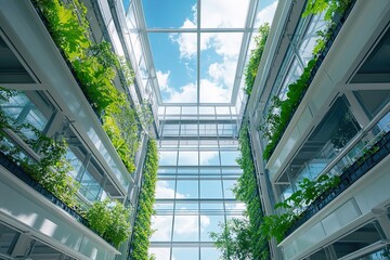 Modern greenhouse with abundant plants and clear sky view