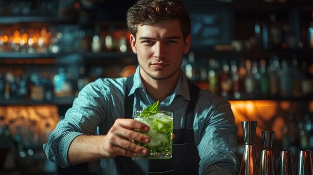 skilled bartender skillfully crafting refreshing green cocktail with creative ingredients in a bustling bar atmosphere