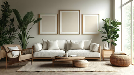 Cozy living room with natural elements and minimalist decor.