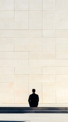 Man in Suit Sitting on Concrete Steps with a White Wall in the Background