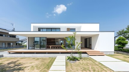 Fototapeta premium Modern White House with Wooden Deck and Lawn