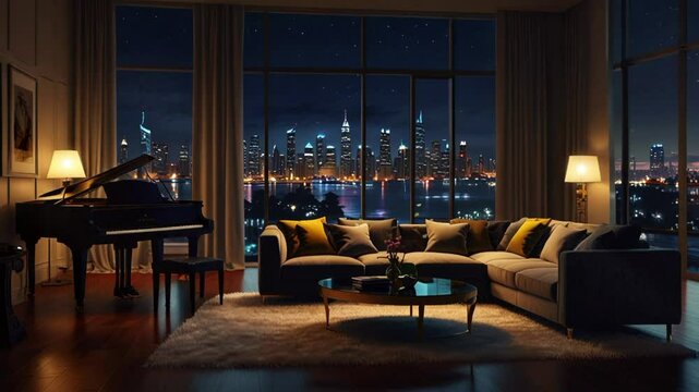 Luxurious room with grand piano, sofa, table and windows with night city views. seamless looping 4k video background animation