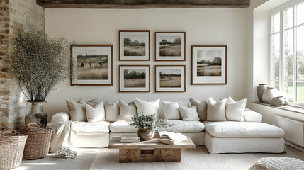 Cozy living room with neutral decor and framed nature art.