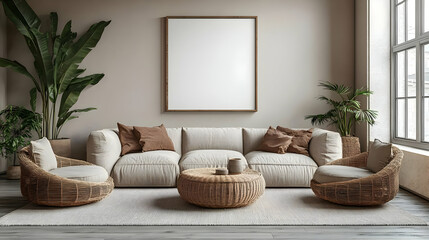 Cozy living room with neutral tones, a sofa, and decorative plants for relaxation.