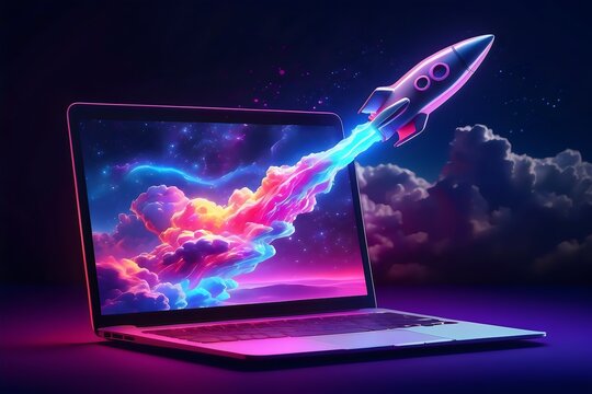 Technology business concept, rocket flaying from a computer screen. Generative AI.