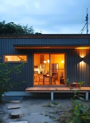 Fototapeta premium Modern Japanese Home with Wooden Deck and Backyard