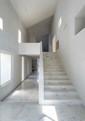 Fototapeta premium Modern Minimalist White Marble Staircase And Hallway Interior Design