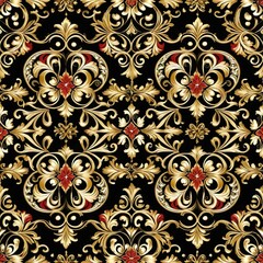 A beautiful floral pattern on a black and gold background, featuring bright red flowers