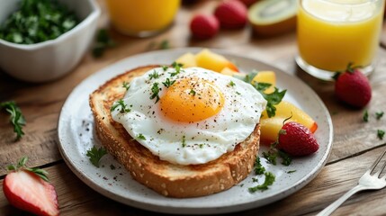 A breakfast scene featuring crispy toast with a poached egg on top, garnished with fresh herbs and served with a side of fruit and juice.