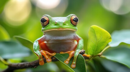 Obraz premium wildlife closeup of a tree frog in its natural rainforest habitat , sitting on a branch , vibrant green leaves around , detailed portrait of colorful and exotic amphibian