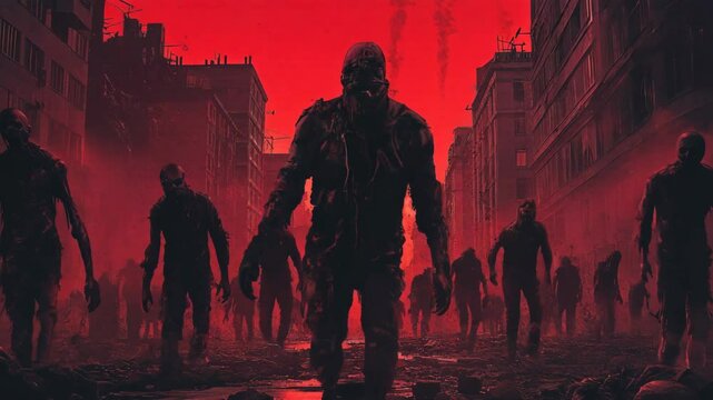 Dark silhouettes of zombies against the background of a red apocalyptic sky