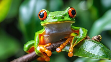 closeup of a tree frog in natural habitat , vibrant green leaves background , beautiful and detailed wildlife photography , conservation and ecology of tropical animals