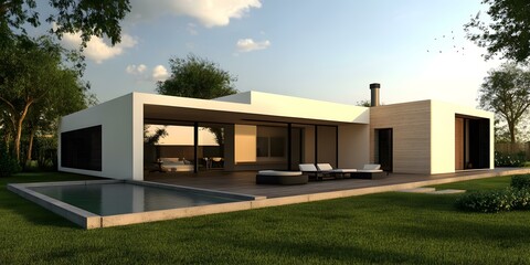 Modern Minimalist House Design With Swimming Pool And Lawn