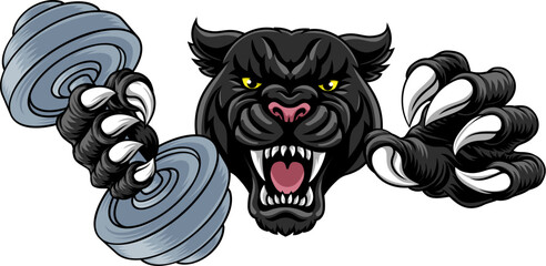 Black panther leopard or jaguar cat weight lifting dumbbell gym sports mascot © Christos Georghiou