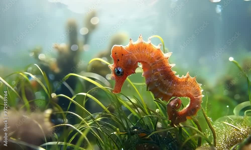 Wall mural Tiny seahorse curling around seagrass, Video