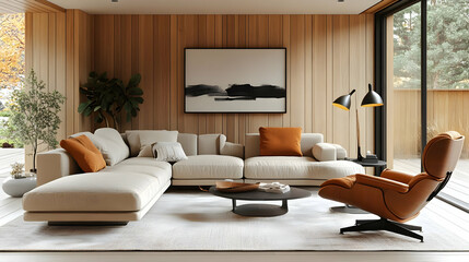 Fototapeta premium Cozy modern living room with a sectional sofa, plants, and stylish decor.