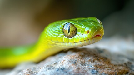 Fototapeta premium detailed closeup of a green jungle snake resting on a rock, showing its exotic scales and slithering form