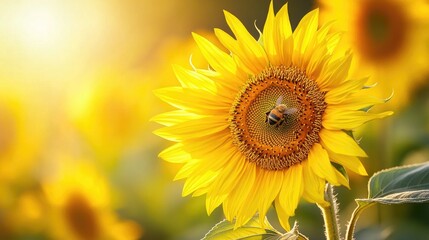 Obraz premium A cheerful sunflower with a bee resting on its center, capturing the interaction between nature and wildlife with the bright yellow petals in sharp focus.