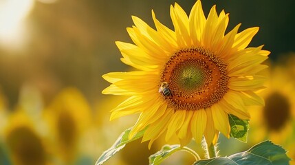 Fototapeta premium A cheerful sunflower with a bee resting on its center, capturing the interaction between nature and wildlife with the bright yellow petals in sharp focus.