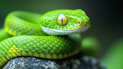 Fototapeta premium detailed closeup of a green jungle snake resting on a rock, showing its exotic scales and slithering form