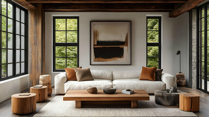 Cozy modern living room with natural light and earthy tones.