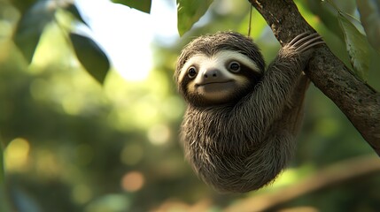 Fototapeta premium 25. **Sweet 3D model of a baby sloth hanging from a tree branch with a serene expression
