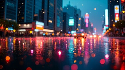 Fototapeta premium Vibrant City Street at Night with Rain and Reflections