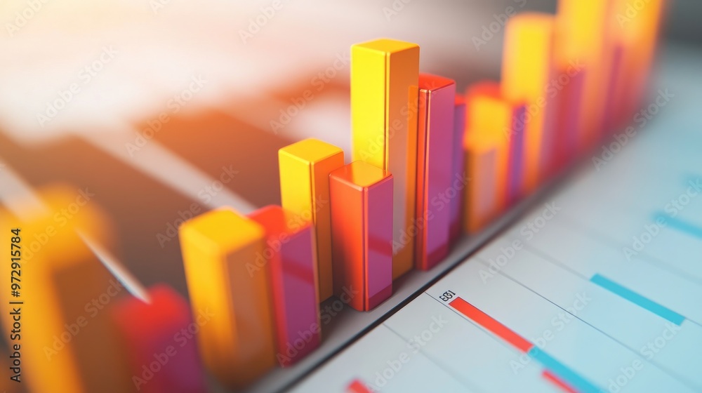 Poster a close-up of a 3d bar chart with highlighted bars and data labels, set against a clean, minimalisti