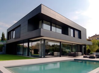 Fototapeta premium Modern Black House with Swimming Pool