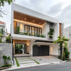Modern White House with Wooden Accents and Green Plants